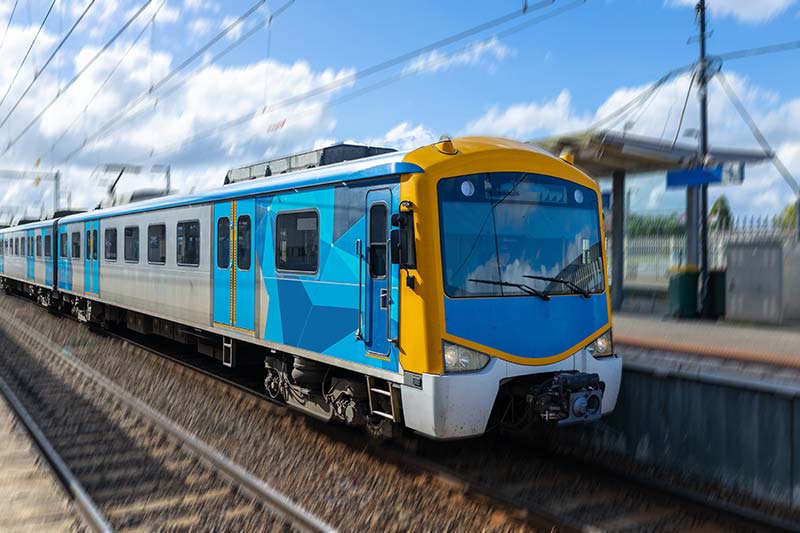 A train travels along a stretch of tracks in Melbourne